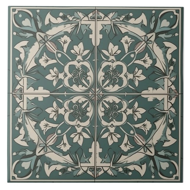 Mediterranean Green & Grey Seamless Ceramic Tile (One complete tile. The inner grid is printed artwork. Tiles sold individually.)