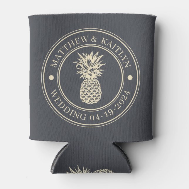 Mediterranean Grey Pineapple Wedding Crest & Names Can Cooler (Front)