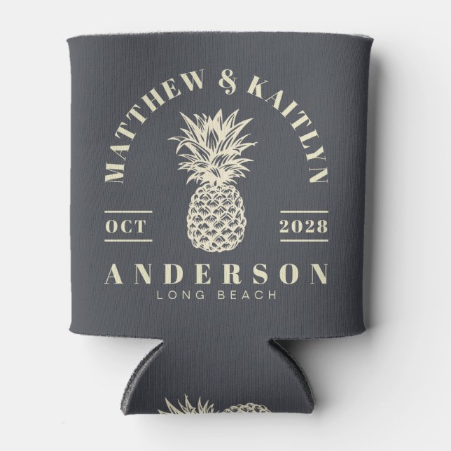 Mediterranean Grey Tropical Pineapple WeddingCrest Can Cooler (Front)