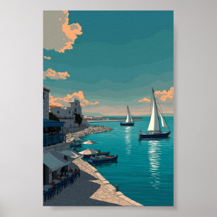 Mediterranean Harbour Scene - Sailboats and Coasta Poster