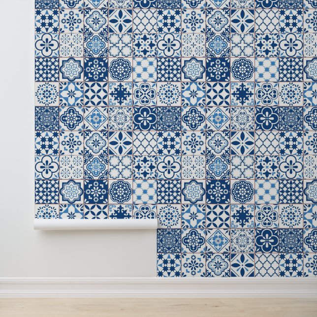 Mediterranean Indigo Blue Azulejo Mosaic Tiles Wallpaper (Application)