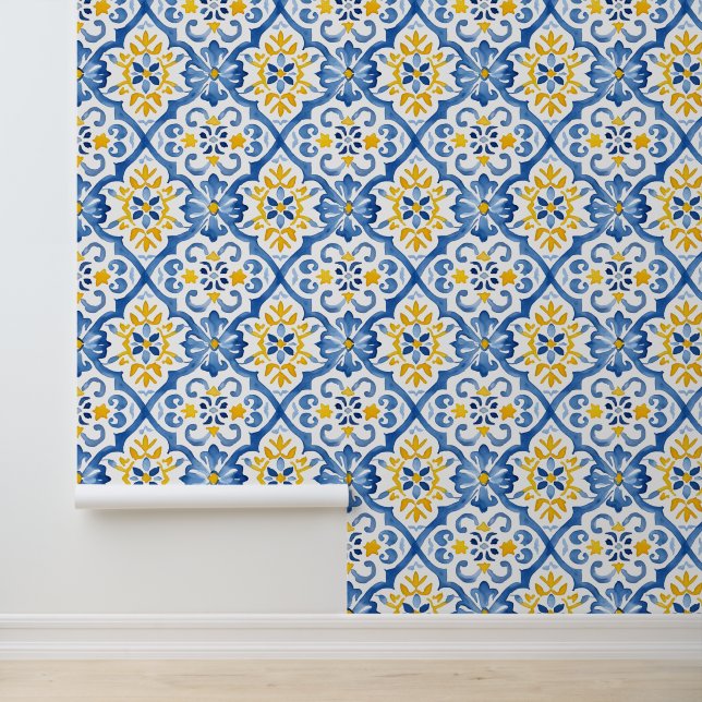 Mediterranean Inspired Tile Pattern Room Wallpaper (Application)