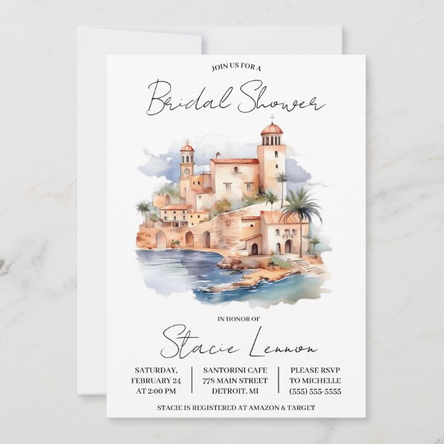 Mediterranean Island, Travel Themed Bridal Shower Invitation (Front)