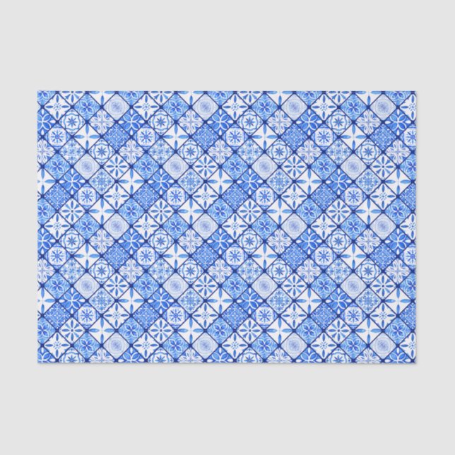Mediterranean Italian Blue And White Tiles Pattern Tissue Paper (Front)