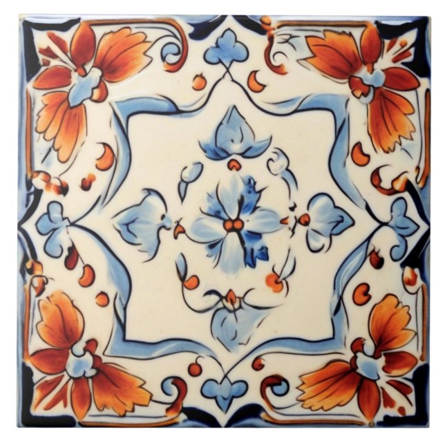 Mediterranean Italian Blue Cream Flower Floral Tile (Front)