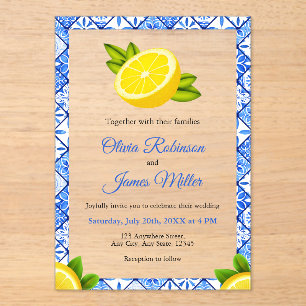 Mediterranean Italian Blue Tile - Lemon Wedding  Acrylic Invitations