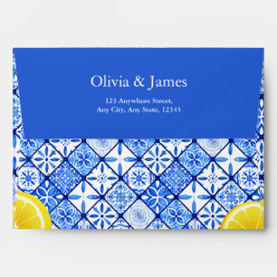 Mediterranean Italian Blue Tile Lemon Wedding  Envelope