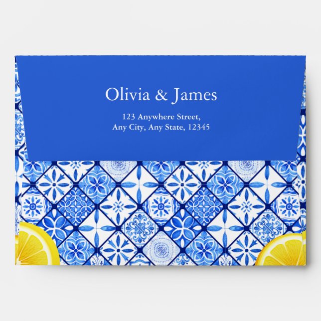 Mediterranean Italian Blue Tile Lemon Wedding  Envelope (Back (Top Flap))