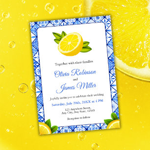 Mediterranean Italian Blue Tile - Lemon Wedding  Invitation