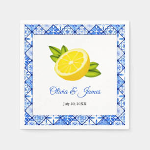Mediterranean Italian Blue Tile Lemon Wedding Napkin