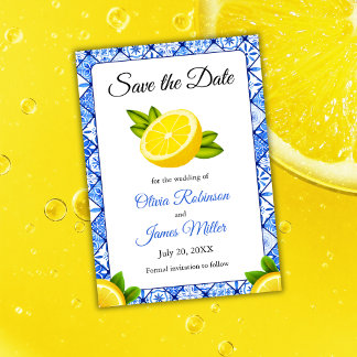 Mediterranean Italian Blue Tile Lemon Wedding Save The Date