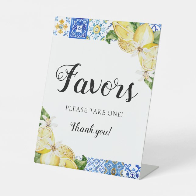 Mediterranean Italian Blue Tile Lemons Favours Sig Pedestal Sign (Front)