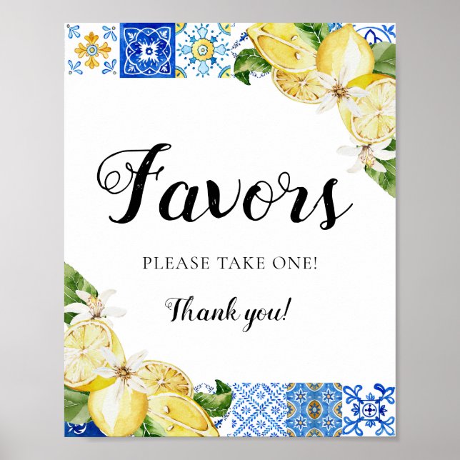 Mediterranean Italian Blue Tile Lemons Favours Sig Poster (Front)