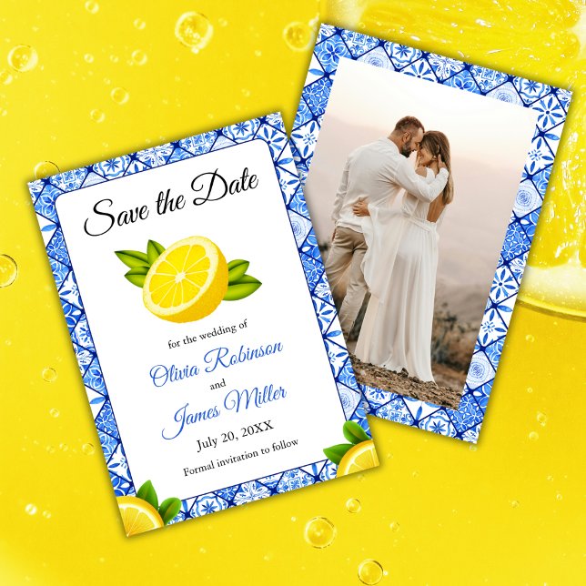 Mediterranean Italian Blue Tile Wedding Photo  Save The Date (Mediterranean Italian Blue Tile Lemon Wedding Photo Save The Date Card  )
