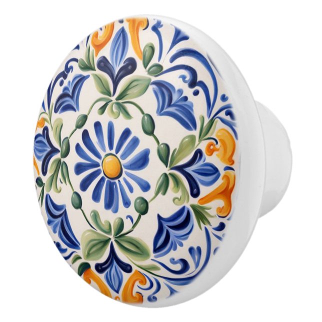 Mediterranean Italian Blue & Yellow Floral Flower Ceramic Knob (Right)