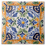 Mediterranean Italian Blue & Yellow Floral Flower Tile<br><div class="desc">"summery sicilian ceramic tile", "italian hand painted pattern", "mediterranean majolica portuguese design", "dark blue and white", "navy green yellow flower, "summer daisy flowers floral", "bold vibrant fun portugal", "authentic classic traditional painting", "rustic countryside farm vacation", "spanish mexican Talavera"</div>