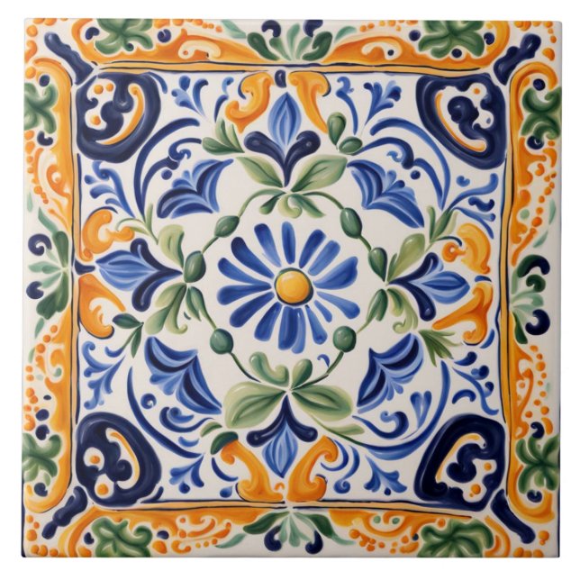 Mediterranean Italian Blue & Yellow Floral Flower Tile (Front)