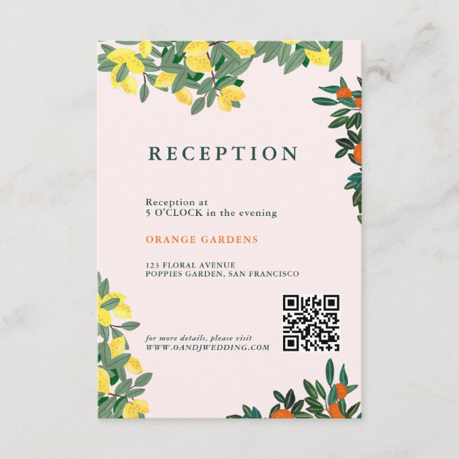 Mediterranean Italian Greece Lemon Pink Wedding Enclosure Card (Front)