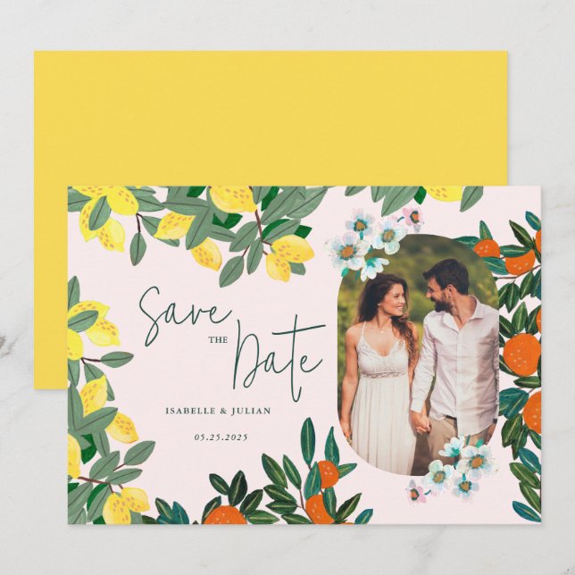 Mediterranean Italian Greece Lemon Pink Wedding Save The Date (Front/Back)
