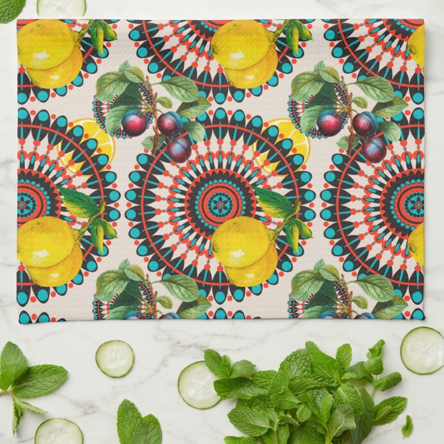 Mediterranean,Italian style,citrus,lemons,majolica Tea Towel (Folded)