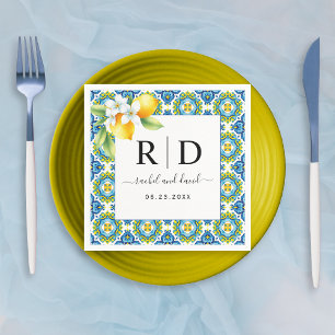 Mediterranean Italian tiles, lemon branch wedding Napkin