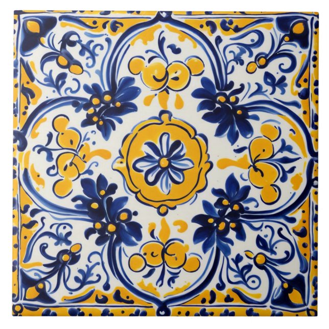 Mediterranean Italian Yellow & Navy Flower Floral Tile (Front)