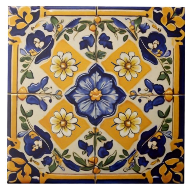 Mediterranean Italian Yellow & Navy Flower Floral Tile (Front)