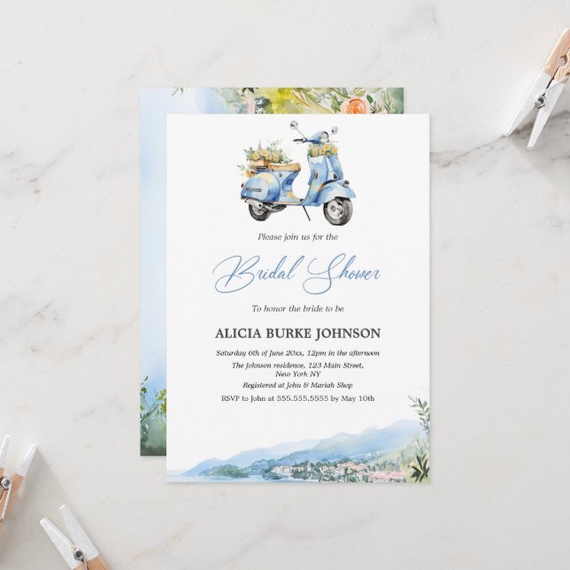 Mediterranean Italy Amalfi Vespa Bridal Shower Invitation (Front/Back In Situ)