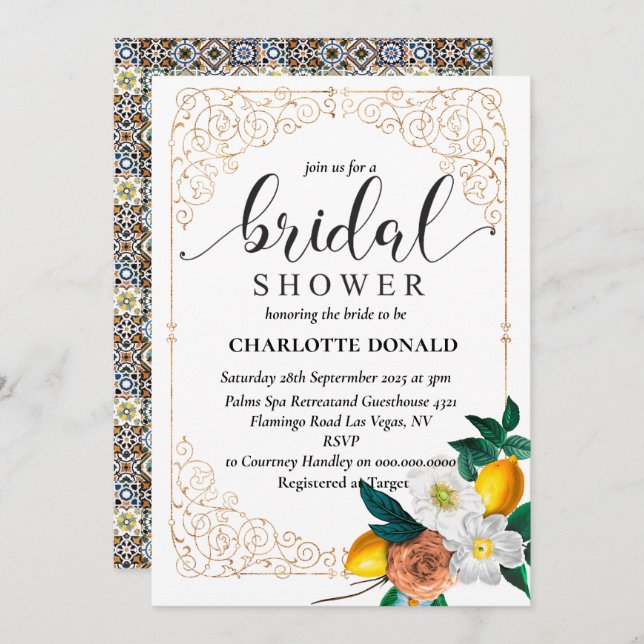 Mediterranean Italy Blue Tiles Bridal Shower  Invitation (Front/Back)