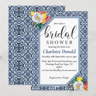Mediterranean Italy Blue Tiles Bridal Shower  Invitation