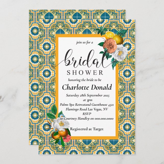Mediterranean Italy Blue Tiles Bridal Shower  Invitation (Front/Back)