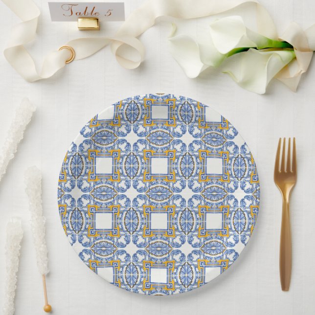 Mediterranean Italy Blue Tiles Bridal Shower  Paper Plate (Wedding)