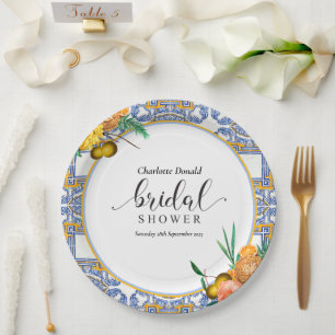 Mediterranean Italy Blue Tiles Bridal Shower  Paper Plate