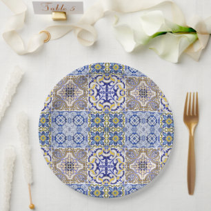 Mediterranean Italy Blue Tiles Bridal Shower  Paper Plate