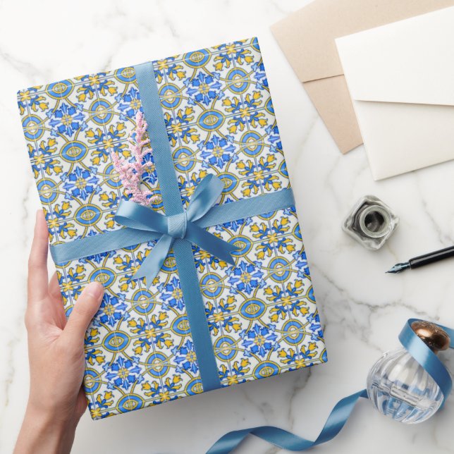 Mediterranean Italy Blue Tiles Bridal Shower  Wrapping Paper (Gifting)