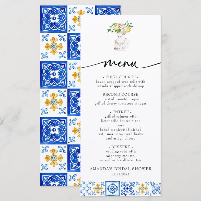 Mediterranean Italy Floral Lemon Bridal Shower Menu (Front/Back)