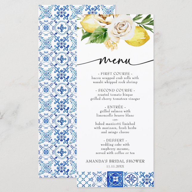 Mediterranean Italy Floral Lemon Bridal Shower Menu (Front/Back)