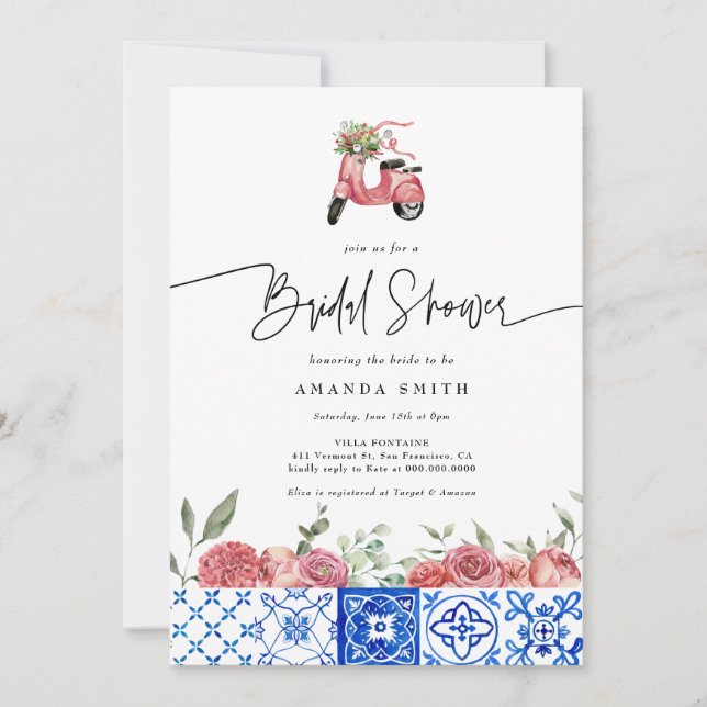 Mediterranean Italy Floral Pink Bridal Shower Invitation (Front)