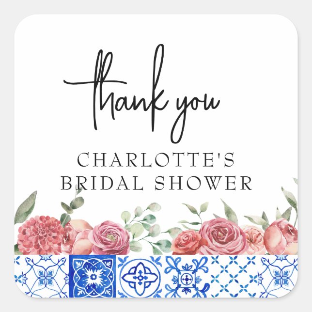Mediterranean Italy Floral Pink Bridal Shower  Square Sticker (Front)