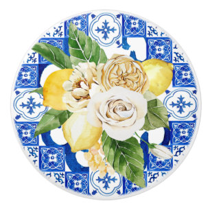Mediterranean Italy Sicily blue tiles with lemons  Ceramic Knob
