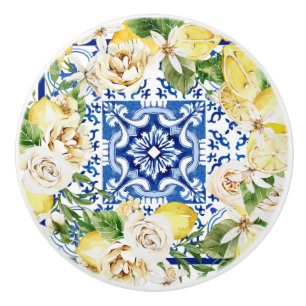 Mediterranean Italy Sicily blue tiles with lemons Ceramic Knob