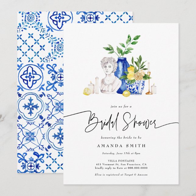 Mediterranean Italy Tiles Lemon Bridal Shower Invitation (Front/Back)
