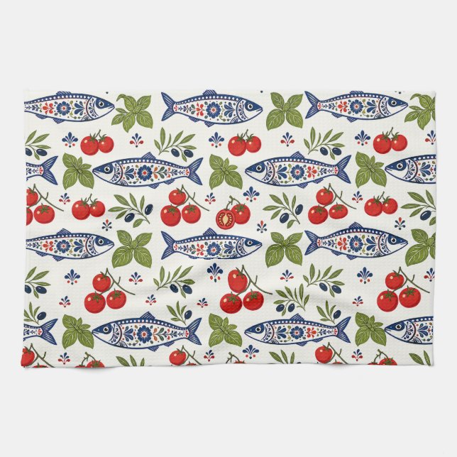 Mediterranean Kitchen Towels, Fish, Tomato & Basil Tea Towel (Horizontal)