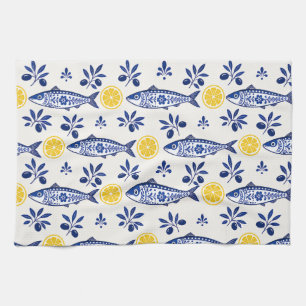 Mediterranean Kitchen Towels, Lemon, Olive & Fish Tea Towel