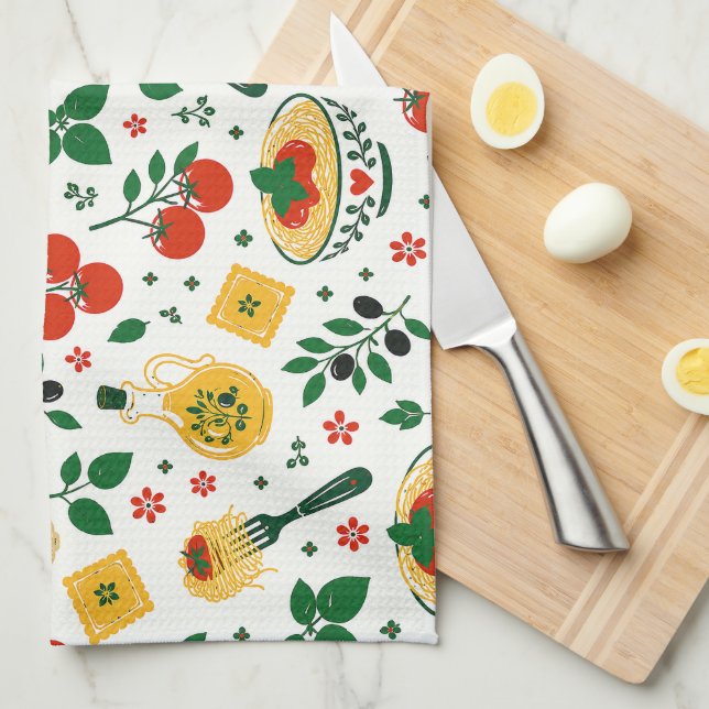 Mediterranean Kitchen Towels | Tomato & Pasta  (Quarter Fold)