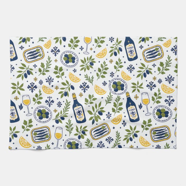Mediterranean Kitchen Towels | Vino & Sardines (Horizontal)