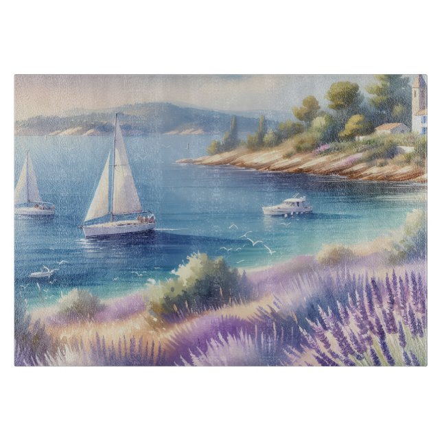 Mediterranean Lavender Coast with Sailboats Cutting Board (Front)