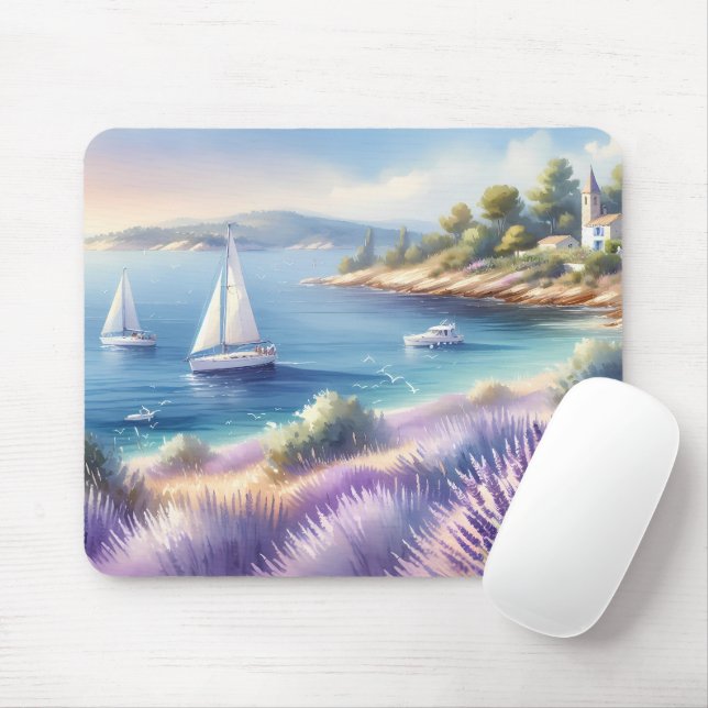 Mediterranean Lavender Coast with Sailboats Mouse Mat (With Mouse)