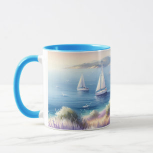 Mediterranean Lavender Coast with Sailboats Mug