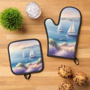 Mediterranean Lavender Coast with Sailboats Oven Mitt & Pot Holder Set